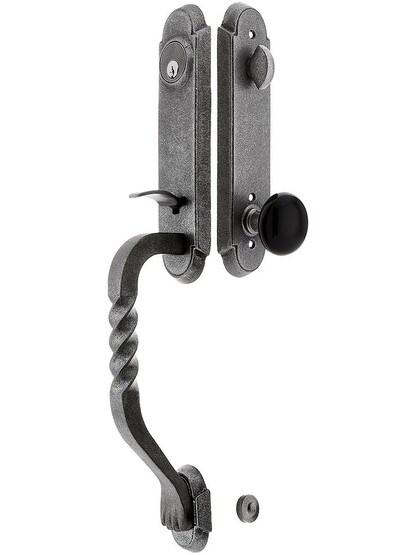 San Carlos Grip Wrought Steel Tubular Handleset With Madison Black Knob in Antique Steel.